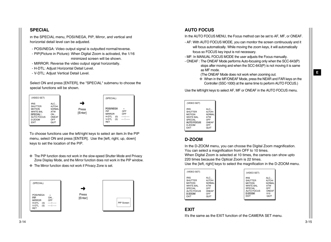 Samsung SCC-643P manual Special, Auto Focus, Zoom, Mirror function does not work if Privacy Zone is set 