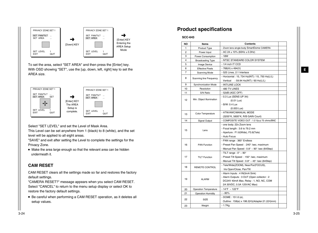 Samsung SCC-643P manual Product specifications, CAM Reset 