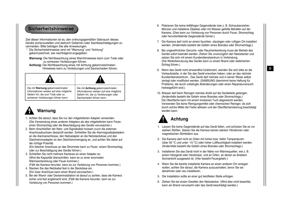 Samsung SCC-643P manual Sicherheitshinweise, Warnung, Achtung 