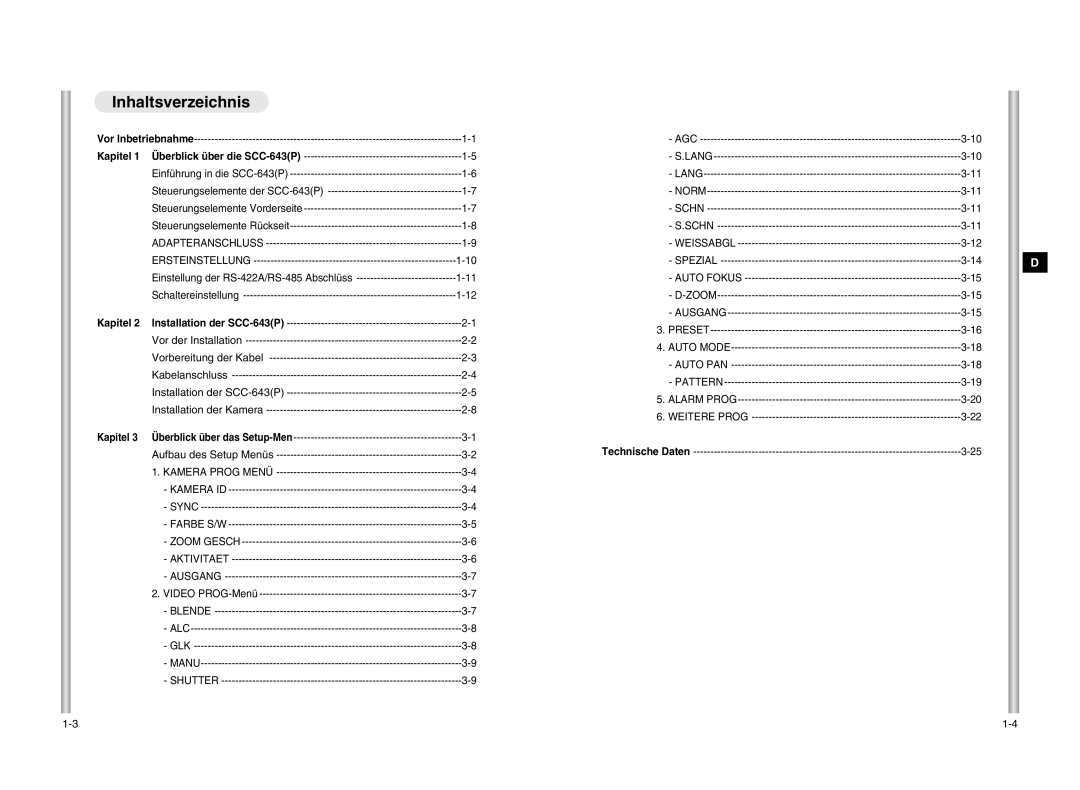 Samsung manual Inhaltsverzeichnis, Ersteinstellung, Einstellung der RS-422A/RS-485 Abschlüss, Installation der SCC-643P 