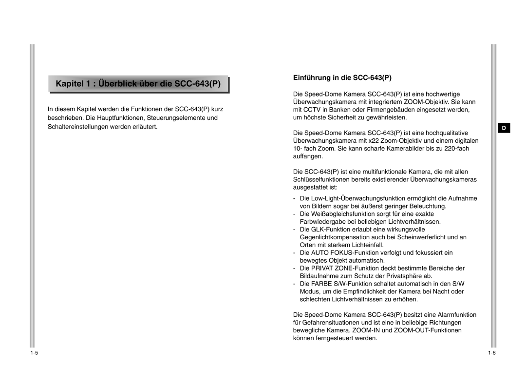 Samsung manual Apit e l 1 Ü berblick über die SCC 643P, Einführung in die SCC-643P 