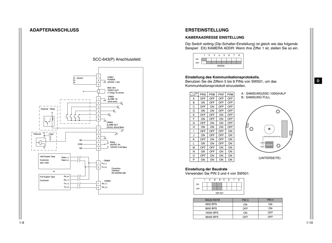 Samsung SCC-643P manual Adapteranschluss Ersteinstellung, Benutzen Sie die Ziffern 5 bis 8 PINs von SW501, um das 