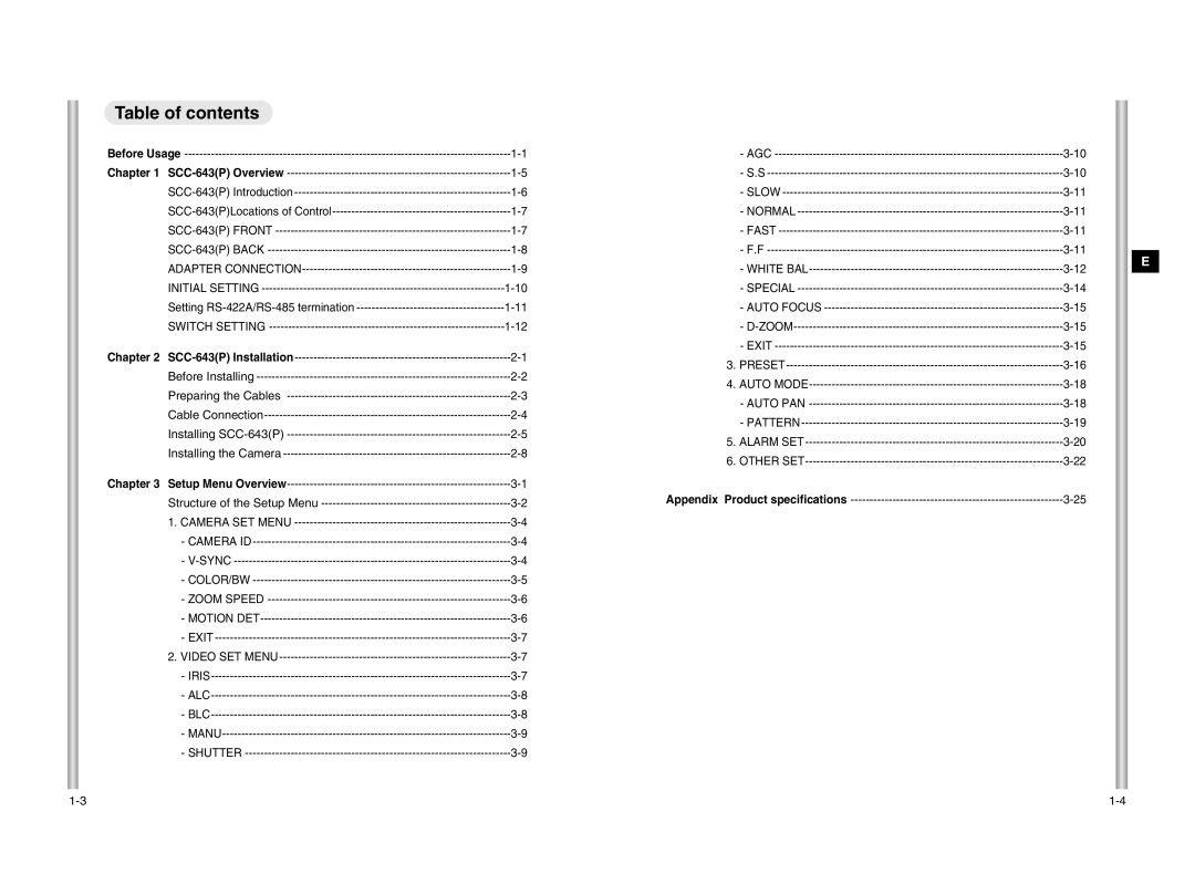 Samsung SCC-643P manual Table of contents 