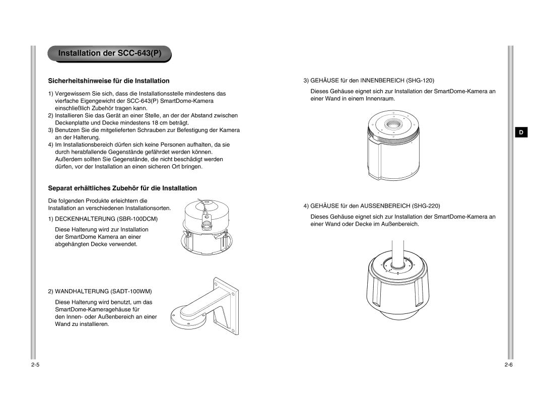 Samsung manual Installation der SCC-643P, Sicherheitshinweise für die Installation, Deckenhalterung SBR-100DCM 