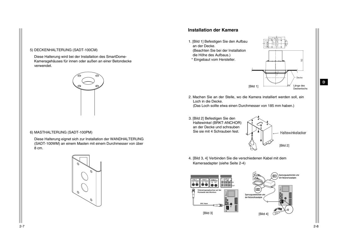 Samsung SCC-643P manual Installation der Kamera, Deckenhalterung SADT-100CM, Masthalterung SADT-100PM, Bild 