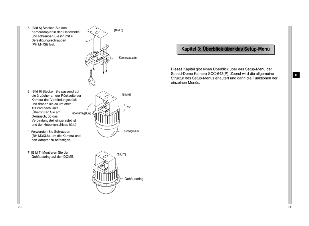 Samsung SCC-643P manual Api tel 3 Ü ber blick über das Setup Men ü 