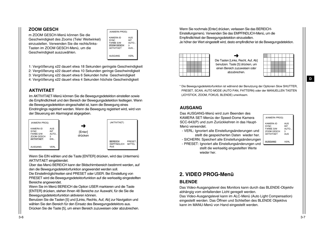 Samsung SCC-643P manual Video PROG-Menü, Zoom Gesch, Aktivitaet, Ausgang, Blende 