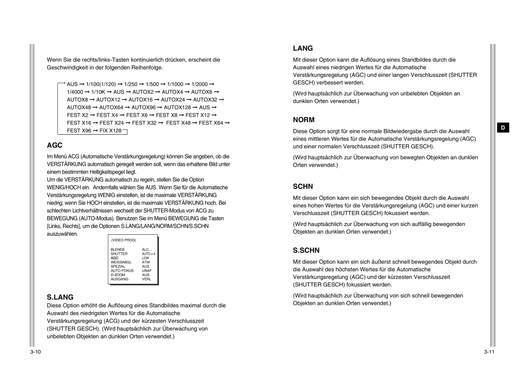 Samsung SCC-643P manual Lang, Norm, Schn 