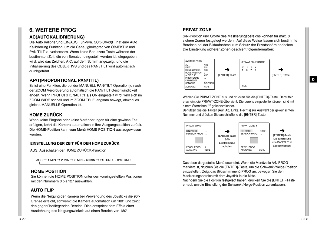 Samsung SCC-643P manual Weitere Prog, Acautokalibrierung, Privat Zone, Tproportional PAN/TTIL, Home Zurück 