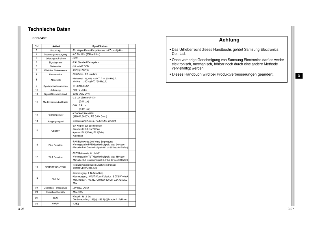 Samsung SCC-643P manual Artikel Spezifikation 