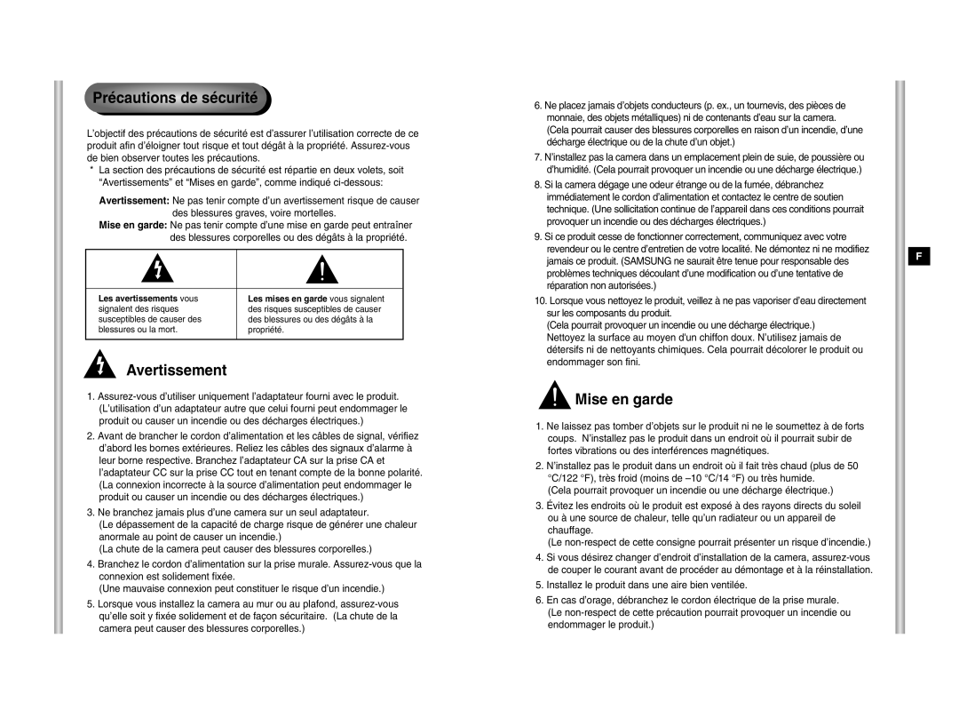 Samsung SCC-643P manual Précautions de sécurité, Avertissement, Mise en garde 