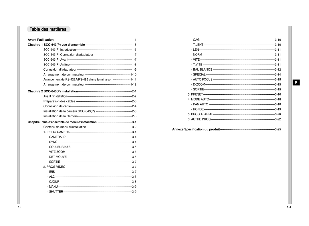 Samsung SCC-643P manual Table des matières, Arrangement de commutateur, Arrangement de RS-422A/RS-485 d’une terminaison 