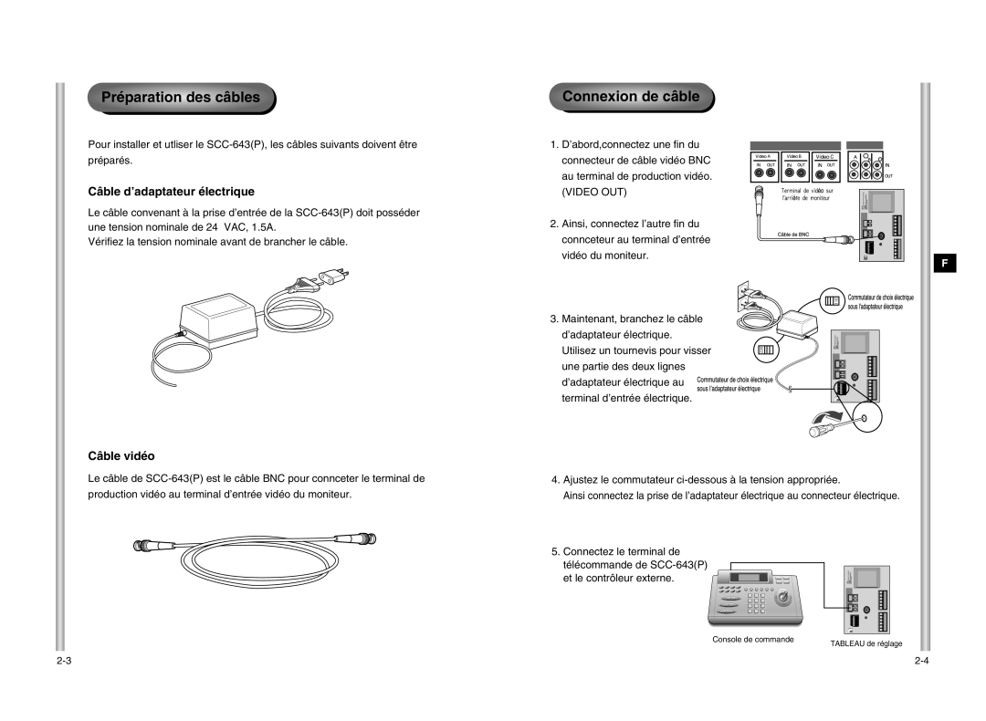 Samsung SCC-643P manual Préparation des câbles, Connexion de câble, Câble d’adaptateur électrique, Câble vidéo 