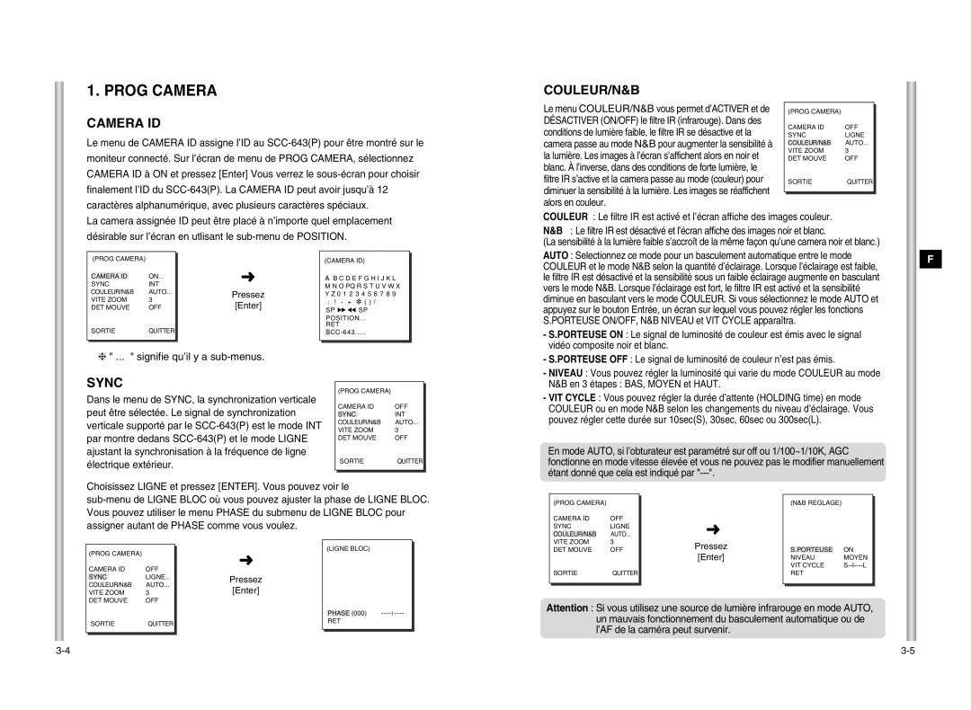 Samsung SCC-643P manual Prog Camera, COULEUR/N&B Camera ID, Signifie qu’il y a sub-menus, En 3 étapes BAS, Moyen et Haut 