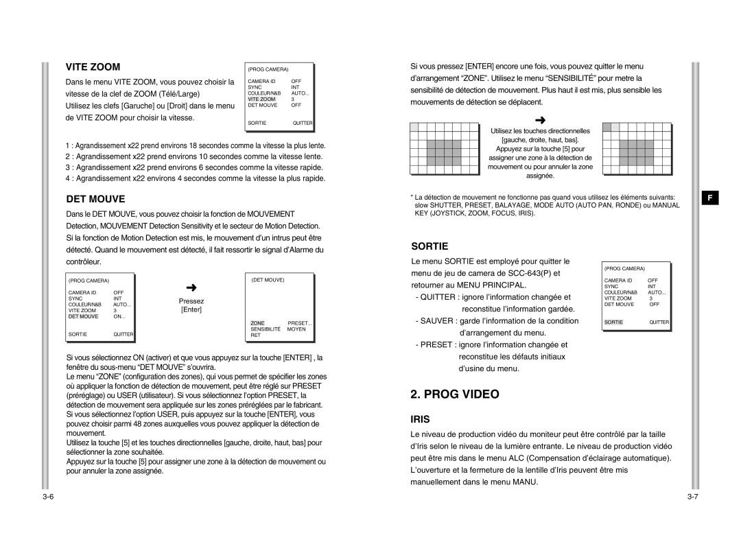 Samsung SCC-643P manual Prog Video, Vite Zoom, DET Mouve, Sortie 