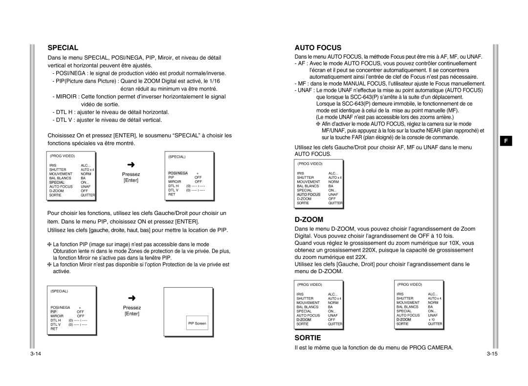 Samsung SCC-643P manual Le mode Unaf n’est pas accessible lors des zooms arrière, Auto Focus 