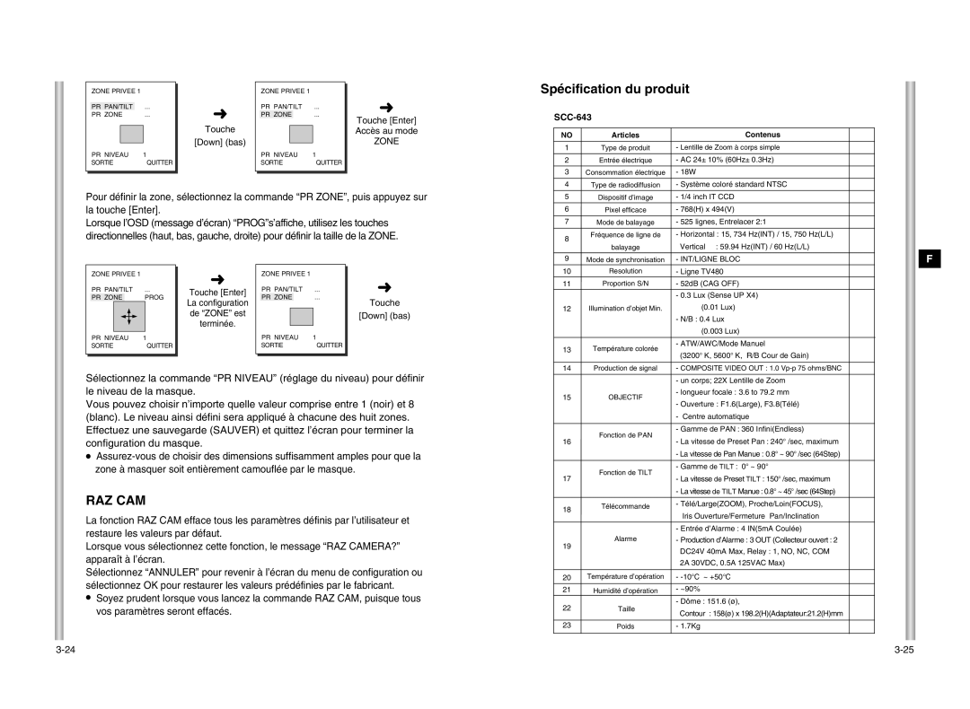 Samsung SCC-643P manual Spécification du produit, Raz Cam, Touche Down bas 