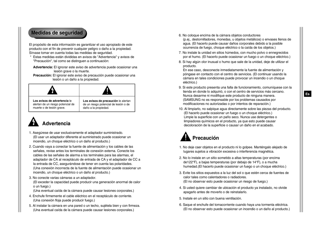 Samsung SCC-643P manual Medidas de seguridad, Advertencia, Precaución, No coloque encima de la cámara objetos conductores 