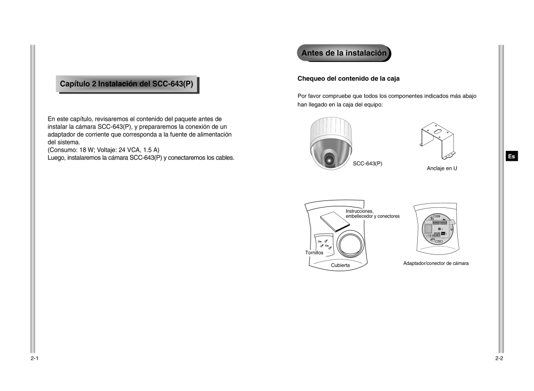 Samsung SCC-643P Antes de la instalación, Ca pít ulo 2 I ns t alación del SCC 643 P, Chequeo del contenido de la caja 