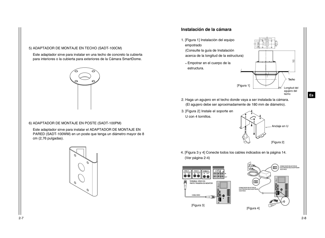 Samsung SCC-643P manual Instalación de la cámara, Adaptador DE Montaje EN Techo SADT-100CM, Anclaje en U 