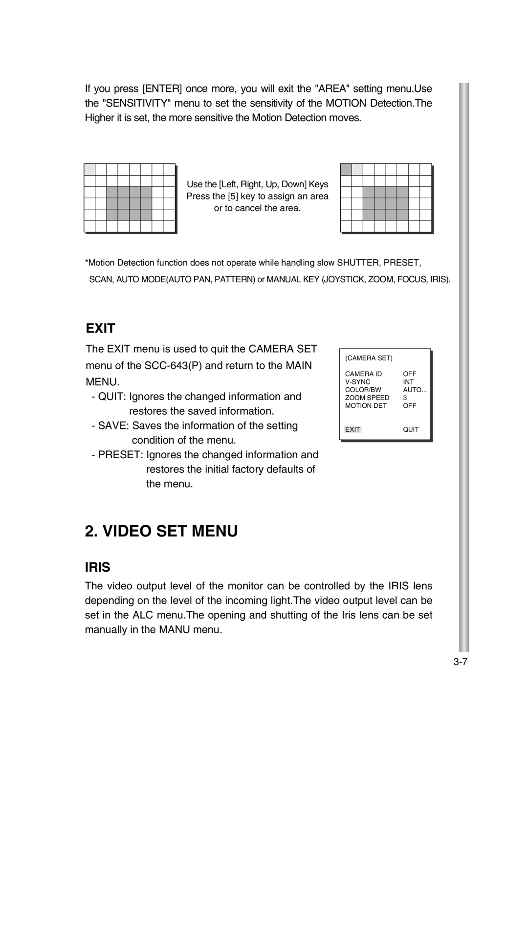 Samsung SCC-643P manual Video SET Menu, Exit, Iris 