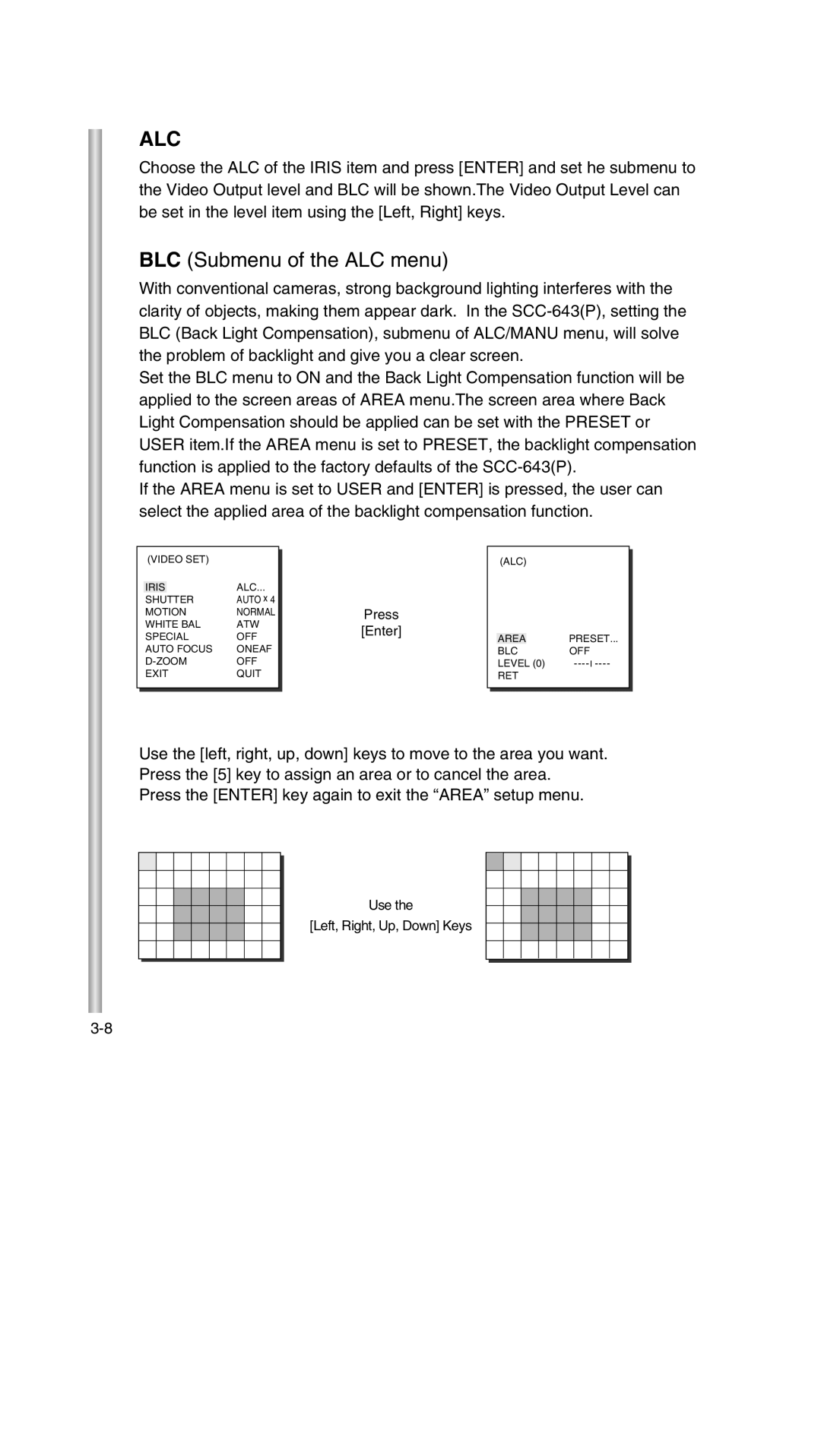 Samsung SCC-643P manual Alc, BLC Submenu of the ALC menu 