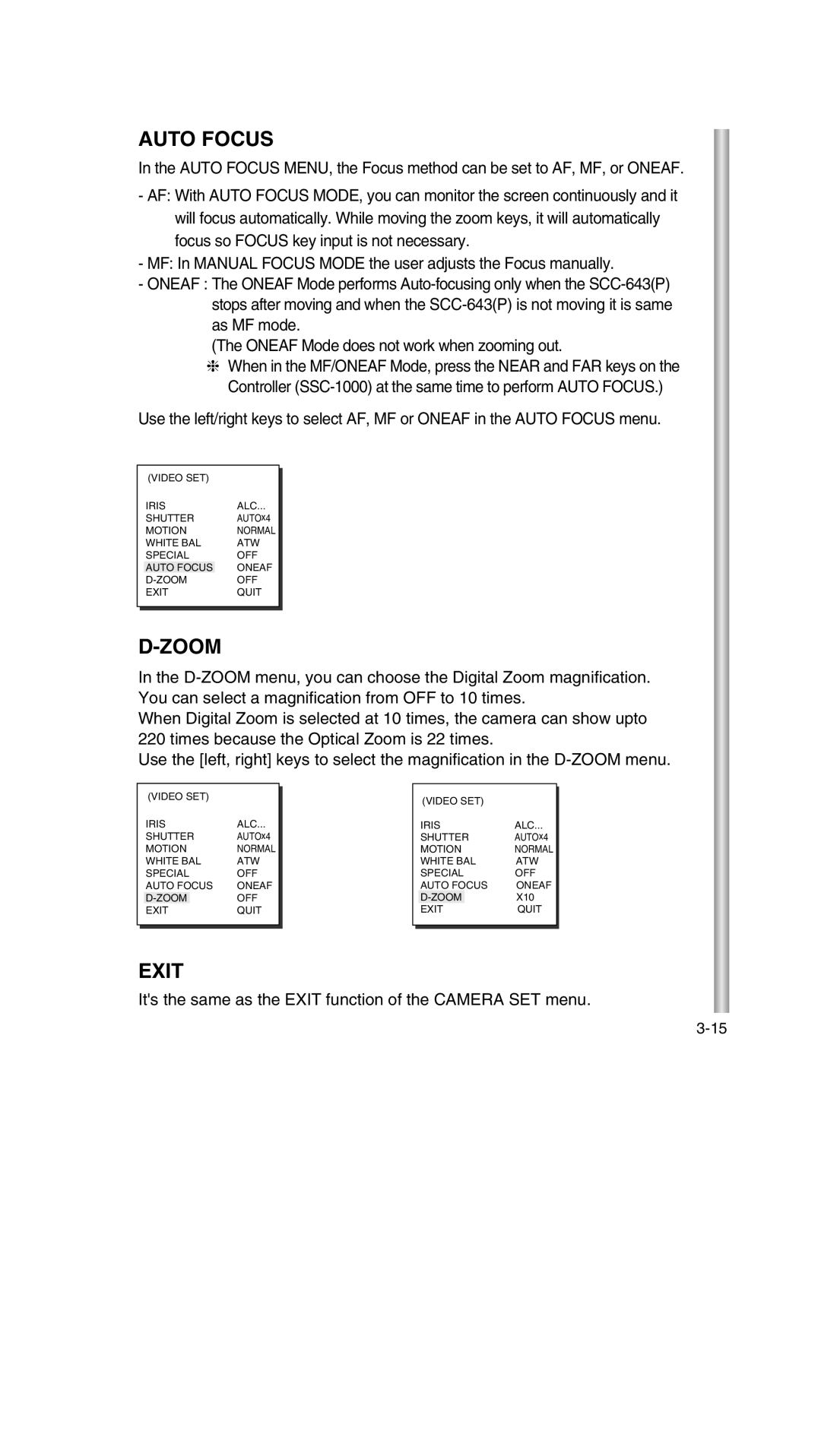 Samsung SCC-643P manual Auto Focus, Zoom 