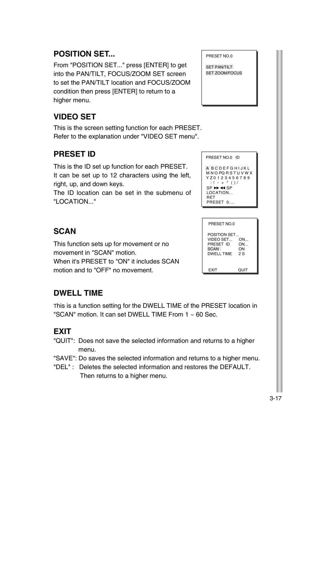 Samsung SCC-643P manual Position SET, Video SET, Preset ID, Scan, Dwell Time 