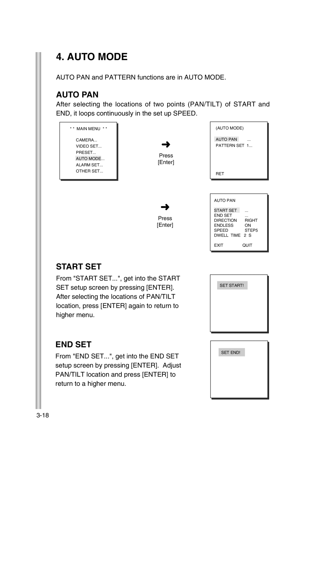 Samsung SCC-643P manual Auto Mode, Auto PAN, Start SET, End Set 