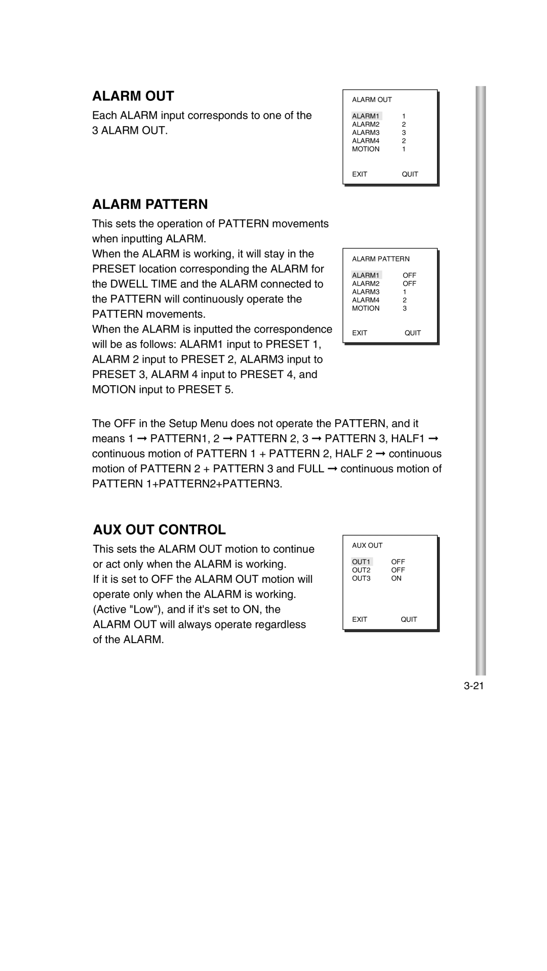 Samsung SCC-643P manual Alarm OUT, Alarm Pattern, AUX OUT Control 