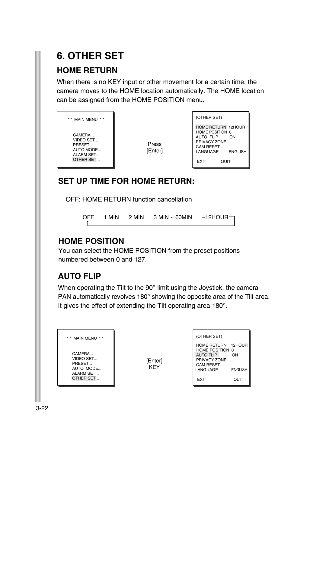 Samsung SCC-643P manual Other SET, SET UP Time for Home Return, Home Position, Auto Flip 