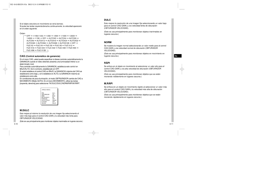 Samsung SCC-643(P) instruction manual Dulc, Rápi, CAG Control automático de ganancia, Orden 