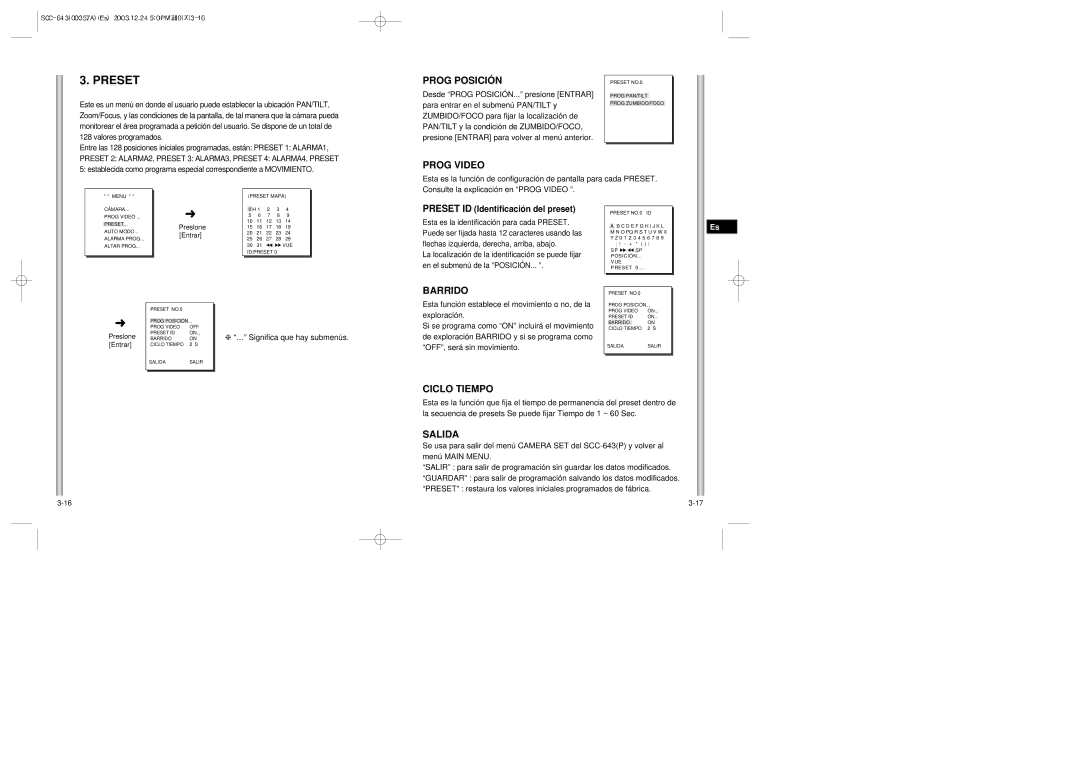 Samsung SCC-643(P) instruction manual Prog Posición, Barrido, Ciclo Tiempo, … Significa que hay submenús 