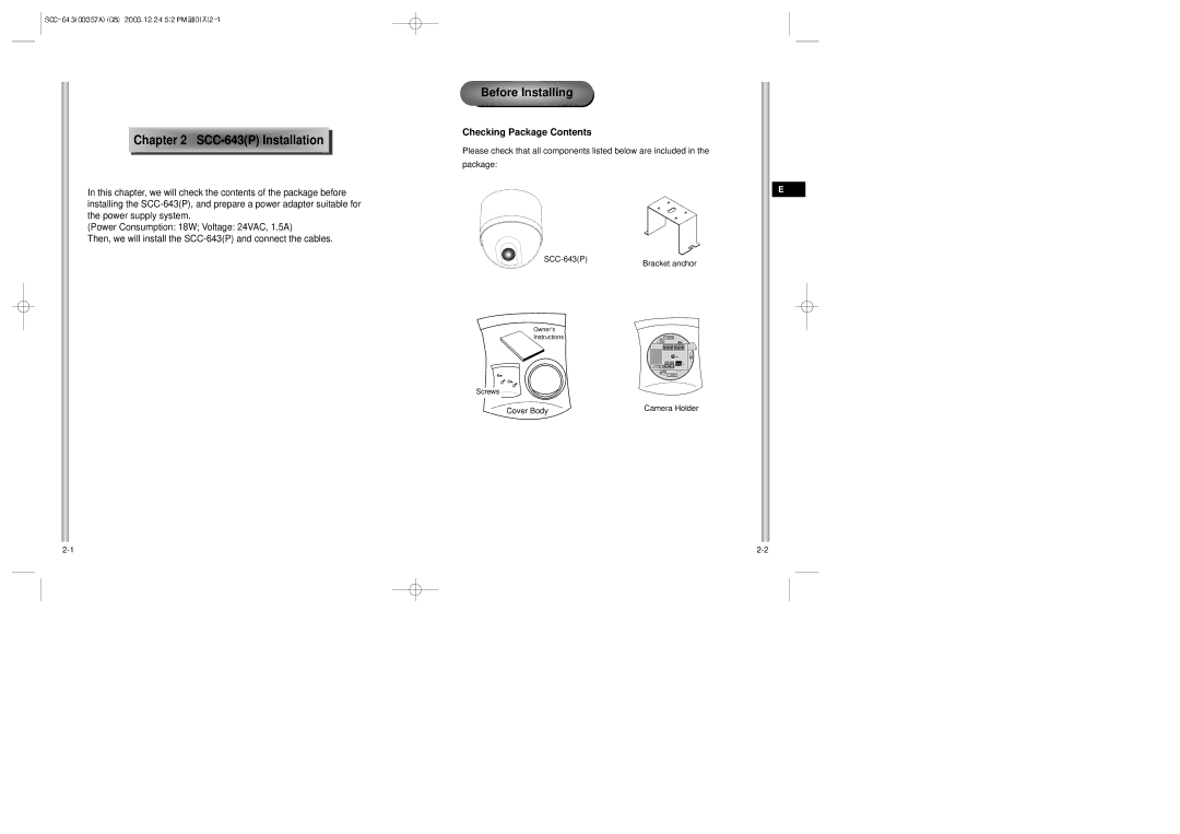 Samsung SCC-643(P) instruction manual SCC-643PInstallation Before Installing, Checking Package Contents 