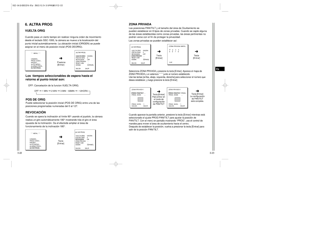 Samsung SCC-643(P) instruction manual Altra Prog, Vuelta Orig, Zona Privada, POS DE Orig, Revocación 