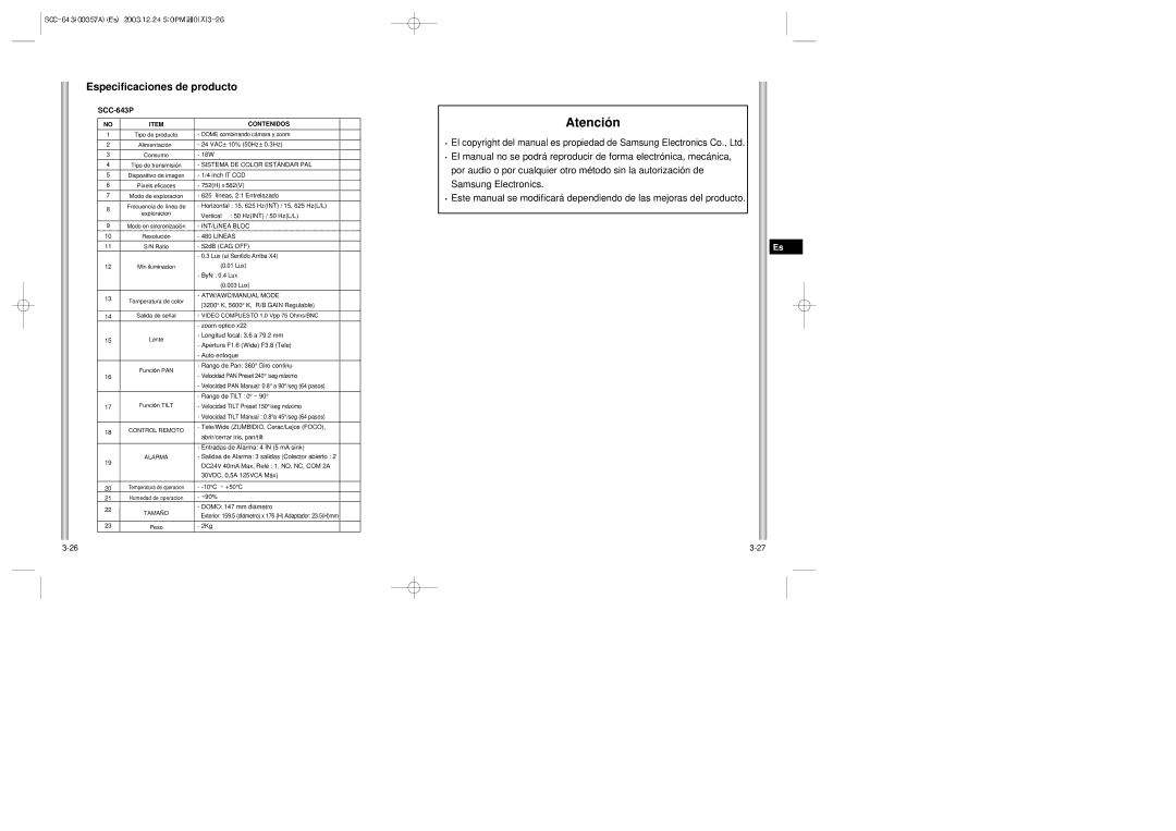 Samsung SCC-643(P) instruction manual Atención, Contenidos 