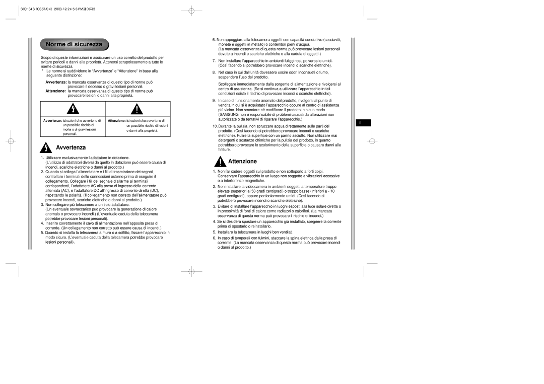 Samsung SCC-643(P) instruction manual Avvertenza, Attenzione 