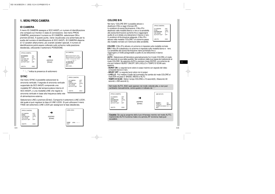 Samsung SCC-643(P) instruction manual Menu Prog Camera ID Camera, Indica la presenza di sottomenù 