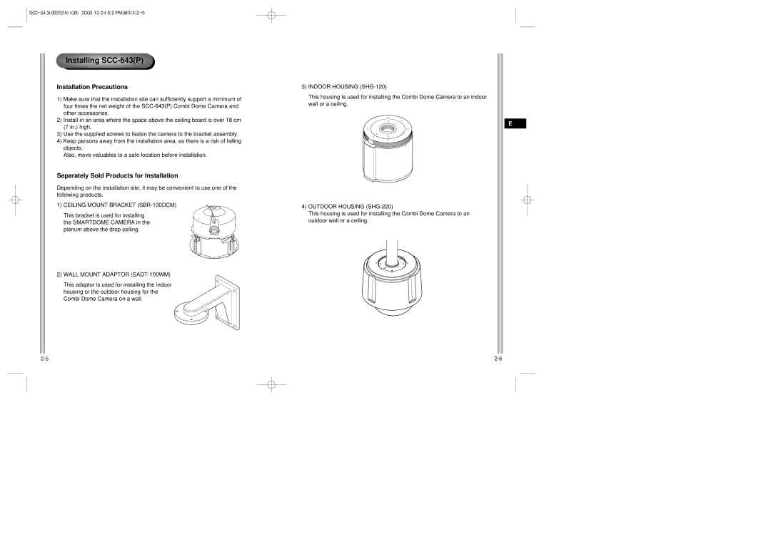 Samsung SCC-643(P) Installing SCC-643P, Installation Precautions, Separately Sold Products for Installation 