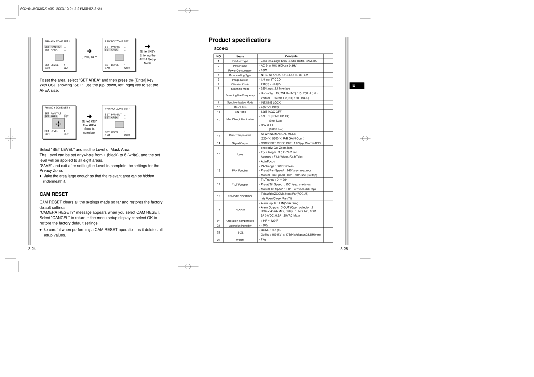 Samsung SCC-643(P) instruction manual Product specifications, CAM Reset, Select SET Level and set the Level of Mask Area 