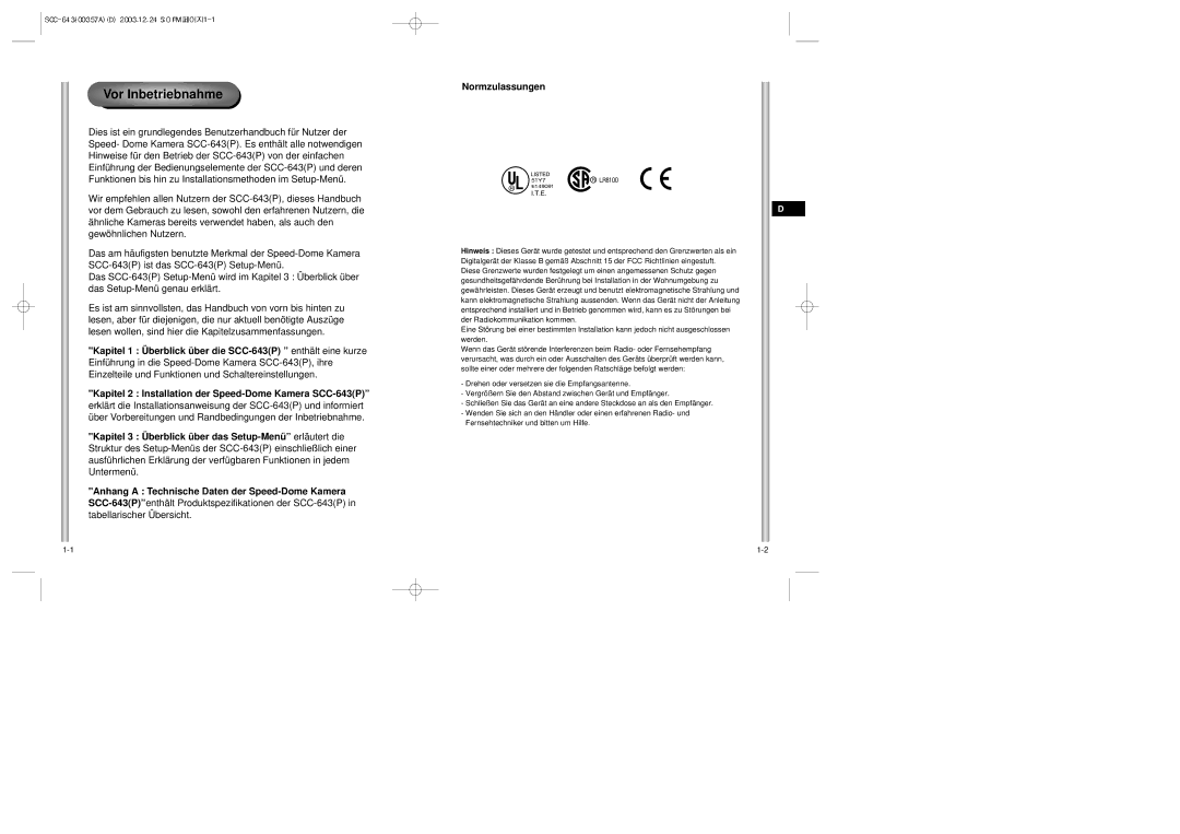 Samsung SCC-643(P) Vor Inbetriebnahme, Anhang a Technische Daten der Speed-Dome Kamera, Normzulassungen, Erläutert die 