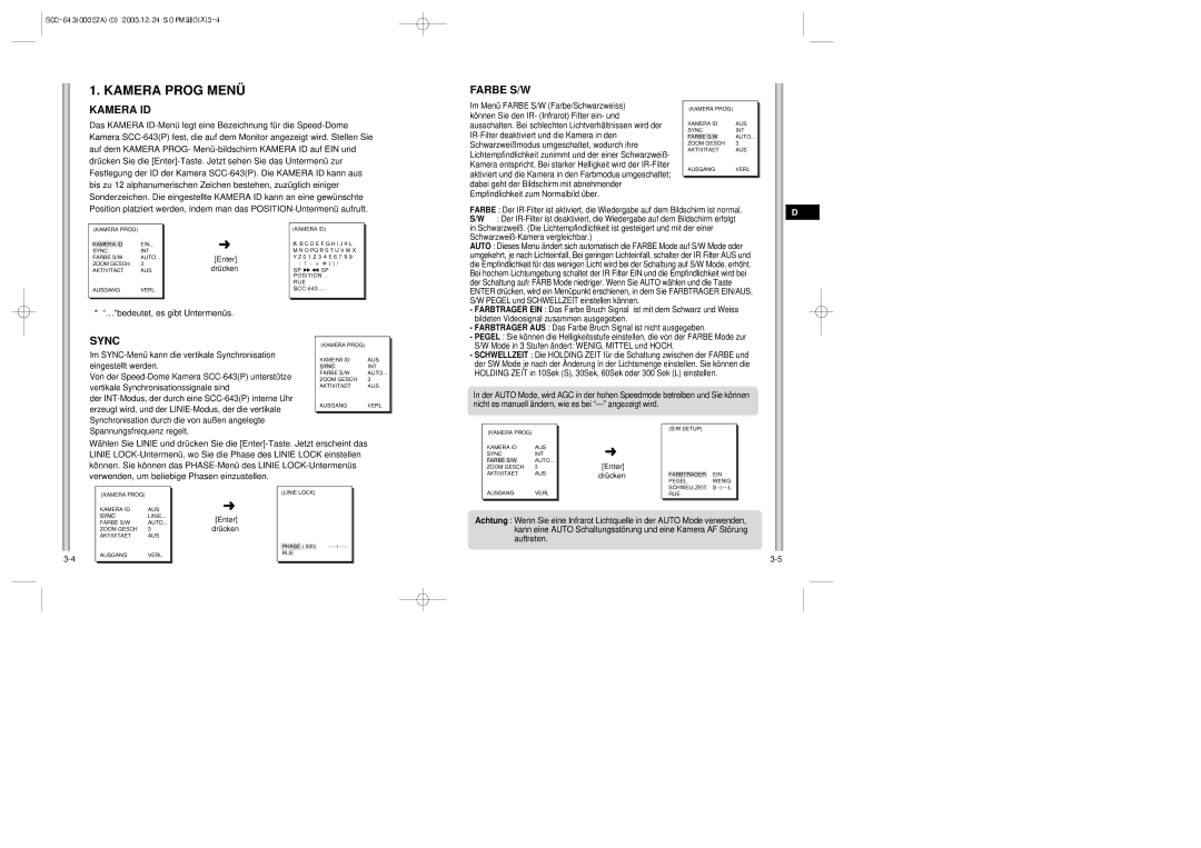 Samsung SCC-643(P) instruction manual Kamera Prog Menü, Kamera ID, Farbe S/W, …bedeutet, es gibt Untermenüs 