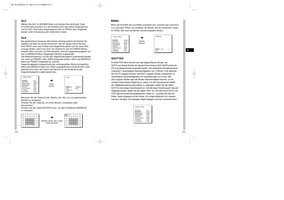 Samsung SCC-643(P) instruction manual Glk, Die links, rechts, oben, unten Tasten benutzen 