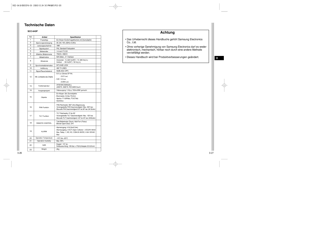 Samsung SCC-643(P) instruction manual Achtung, Artikel Spezifikation 