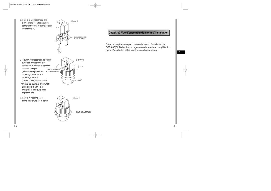 Samsung SCC-643(P) instruction manual DôME DôME-COUVERTURE, Chapitre3 Vue d’ensemble de me nu d’installation 