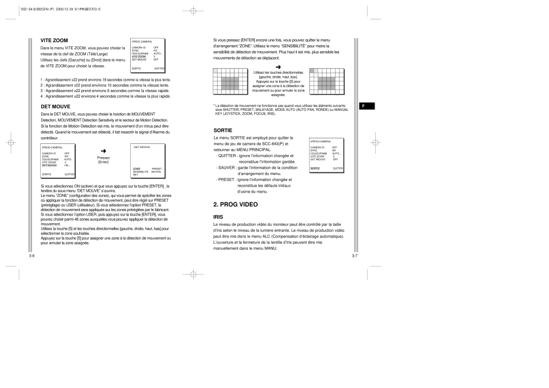 Samsung SCC-643(P) instruction manual Prog Video, Vite Zoom, DET Mouve, Sortie, ’usine du menu 