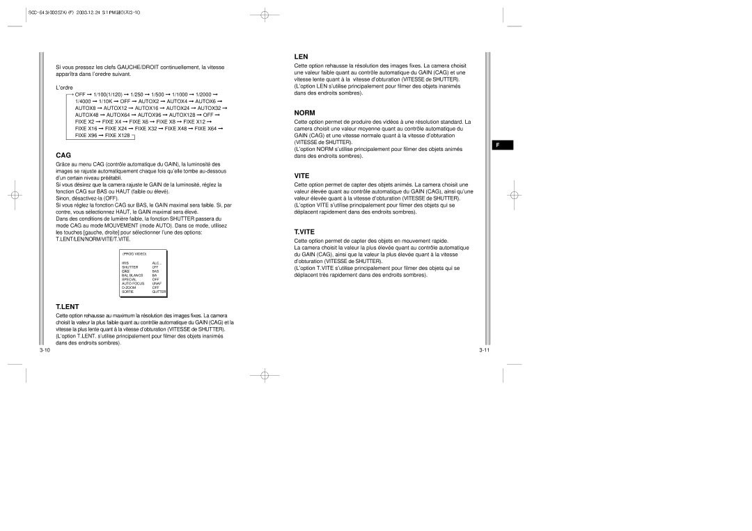 Samsung SCC-643(P) instruction manual Cag, Lent, Vite 