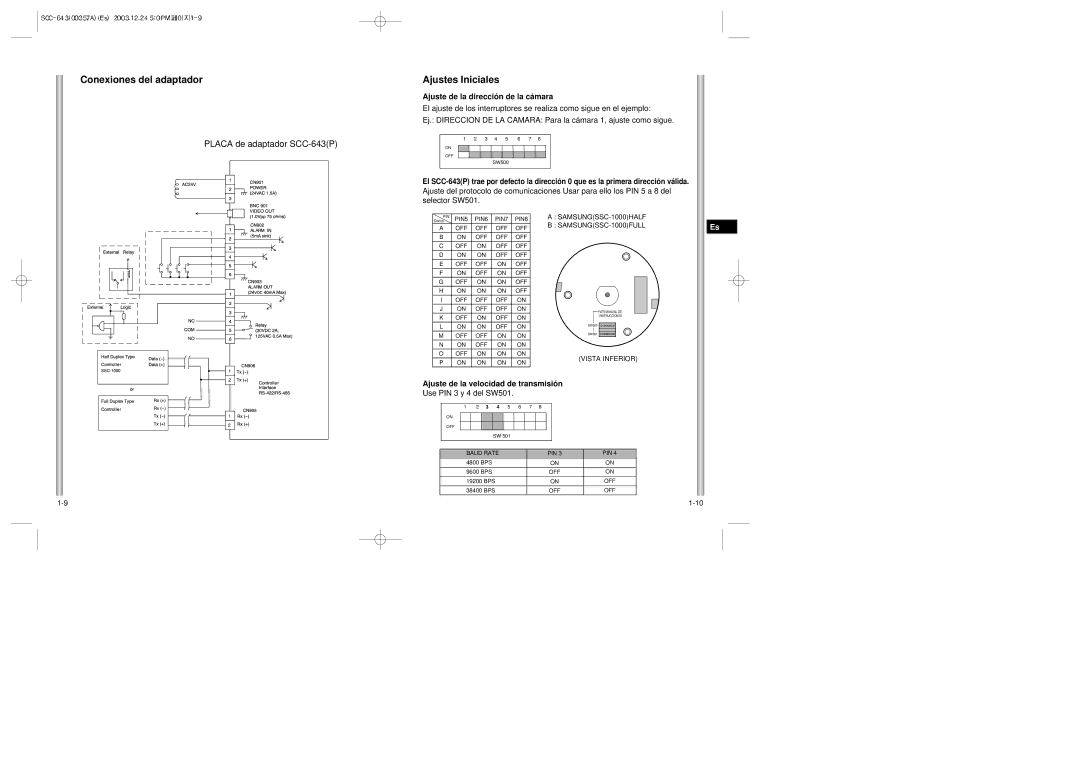 Samsung SCC-643(P) instruction manual Conexiones del adaptador, Ajustes Iniciales, Use PIN 3 y 4 del SW501 