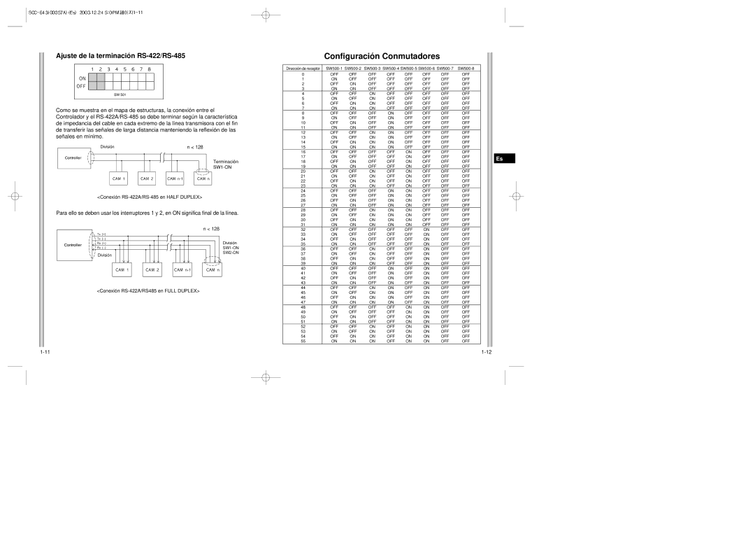 Samsung SCC-643(P) instruction manual Configuración Conmutadores, Terminación, Conexión RS-422A/RS-485 en Half Duplex 