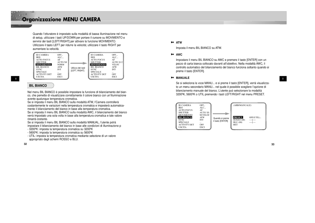 Samsung SCC-931TP/XEG, SCC-931TN manual BIL Bianco, Preme il tasto Enter, Movimento 